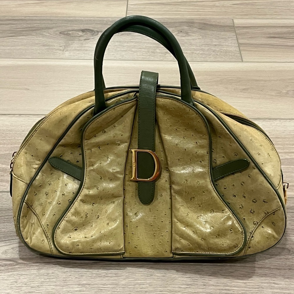 Christian Dior Rare Ostrich Saddle Green Bowler Bag